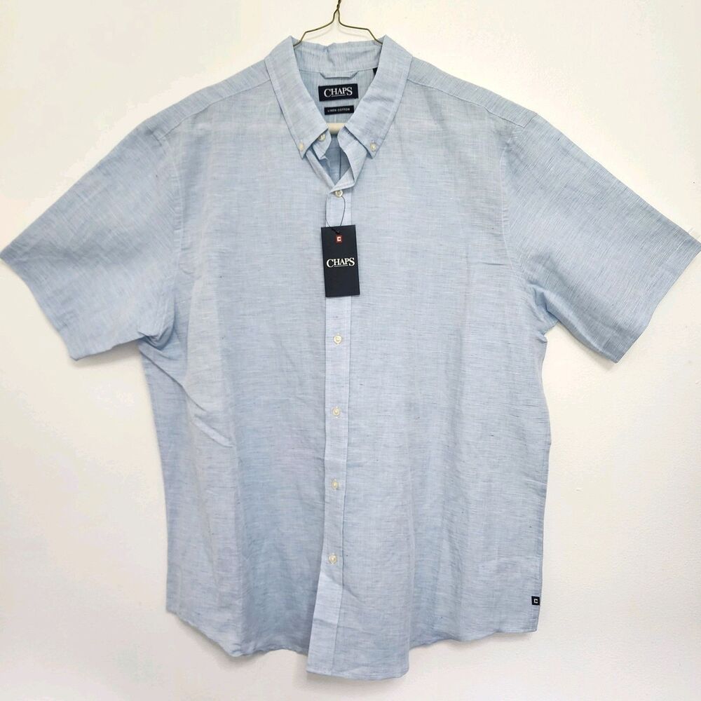 NWT CHAPS Men's Short Sleeve LINEN Cotton Dress Shirt Size 2XL Blue with Pocket
